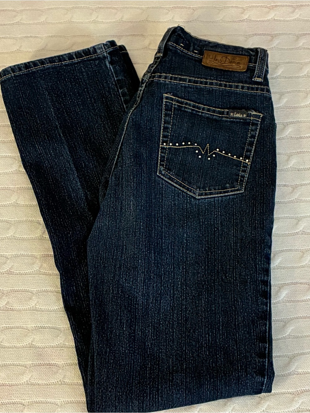 Women’s Vintage Jeans in Dark Blue - stripped Denim - Decorated Pockets
